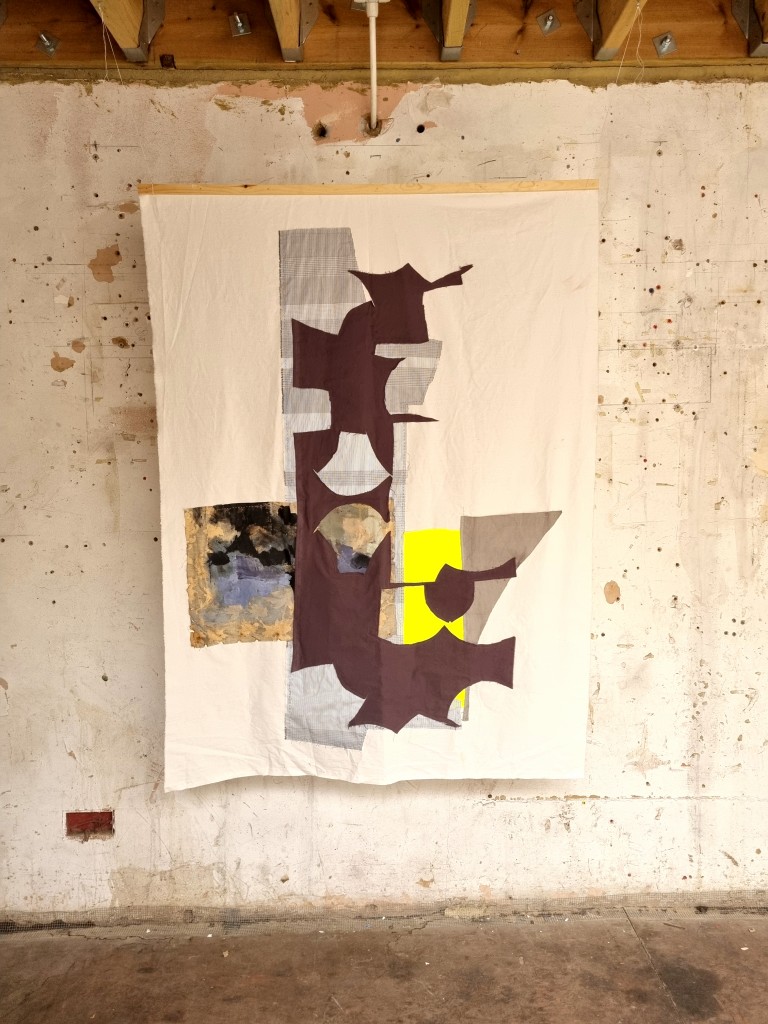 ‘Residual traces in the scrap basket’, 2022, Found fabric fragments, scraps of painting and thread