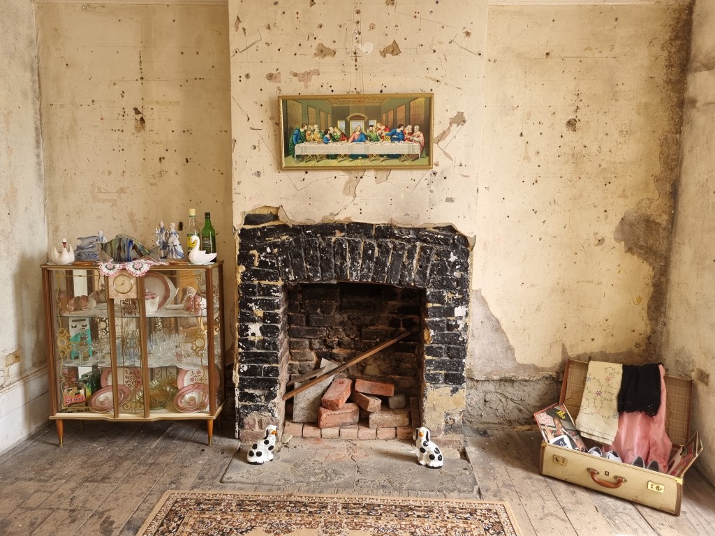 Junie James - Caribbean Living Room installation at Safehouse 1, 2022 Cabinet, china, glass, 'grip', textiles, LPs