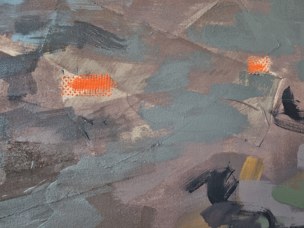 Detail, Untitled 1’, 2022, Wool darning, fabric and oil on canvas